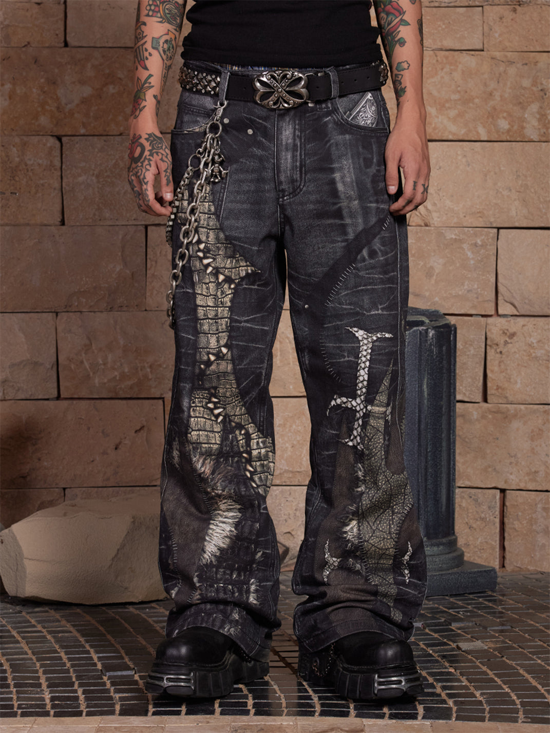 DND4DES | Printed Cross Patchwork Straight Jeans - PSYLOS 1, DND4DES | Printed Cross Patchwork Straight Jeans, Jeans, DND4DES•JAPAN, PSYLOS 1